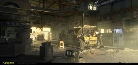 ArtStation - Nomad Garage, Ward Lindhout Cyberpunk 2077 Art, Red Cyberpunk, Scifi Environment, Technical Artist, Art Cyberpunk, Cyberpunk City, Garage Art, Auto Repair Shop, Production Design