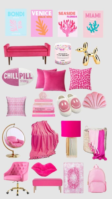 Preppy pink room decoration Preppy Room Furniture, Preppy Tv Room, Preppy Summer Room Decor, Preppy Room Decor Shein, Pink And Gold Preppy Room, Preppy Accent Wall Bedroom, Preppy Pink Room Decor, Pink Aesthetic Bedroom Ideas Preppy, Preppy Room Mood Board