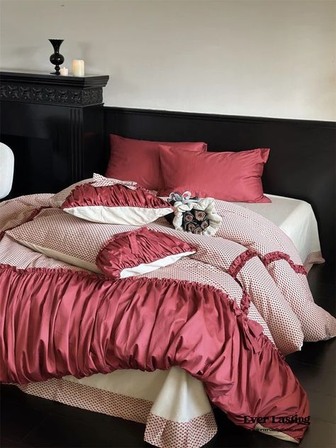 Raspberry Cheesecake Ribbon Ruffle Bedding Set | Best Stylish Bedding | Ever Lasting Ruffle Comforter Bedroom, Red Velvet Comforter, Plum Duvet Cover, Pink Ruffle Bedding, Red Comforter Bedroom Ideas, Wine Red Bedroom, Red Bed Set, Pretty Beds, Magenta Bedding