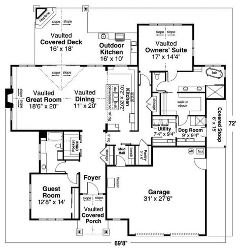 Main level floor plan of a single-story transitional 2-bedroom craftsman with foyer, great room, dining area, kitchen, guest room, primary suite, utility, dog room, and mudroom leading to the garage. Mudroom Floor Plan, Deck Floor Plan, Dining Area Kitchen, Mudroom Flooring, Open Living Space, Dog Washing Station, Addition Ideas, Dog Room, Primary Suite