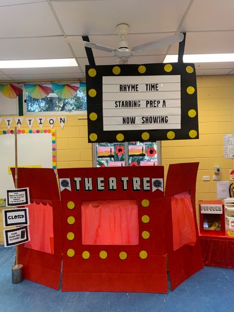 Theatre Preschool Activities, Theatre For Kids, Theatre Activities For Preschool, Dramatic Play Decorating Ideas, Dramatic Play Theater, Puppet Theatre Ideas, Theatre Kindergarten, Theatre Dramatic Play, Preschool Movie Day Ideas