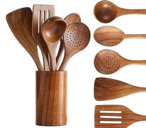 PRICES MAY VARY. [**EXCELLENT GIFT FOR THE CHEF IN YOUR LIFE**] Great gift for a chef or anyone that loves to cook whether you are a beginner or experienced chef. Beautiful and elegant design that can be displayed in any kitchen. [**COMPLETE UTENSIL SET WITH HOLDER*] This is a complete 6 set of wooden kitchen utensils that you will use for all your cooking and mixing needs. This set includes all the necessary utensils you need in the kitchen. [ **ALL THE COOKING UTENSILS YOU NEED**] Set includes Wooden Cooking Utensils Set, Wooden Utensils Set, Wooden Cooking Utensils, Kitchen Spatula, Cooking Spatula, Wooden Kitchen Utensils, Natural Teak Wood, Wooden Spatula, Utensils Set