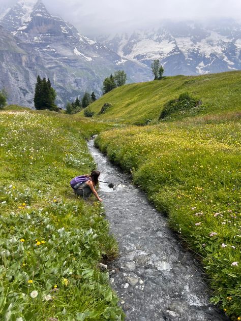 The Alps Switzerland, Switzerland Alps Aesthetic, Swiss Alps Spring, Hiking In The Alps, Swiss Hiking Outfit, Austrian Alps Aesthetic, The Swiss Alps, Swiss Summer Outfit, Backpacking Across Europe Aesthetic