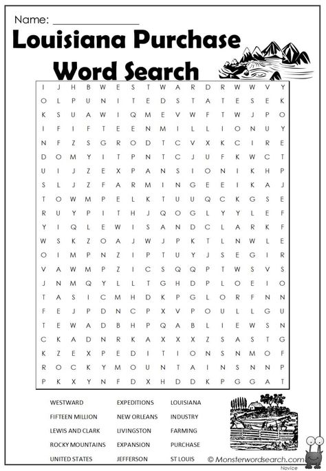 Louisiana Purchase Word Search- Monster Word Search Louisiana Purchase Activities For Kids, Louisiana Purchase Activities, Third Grade Homeschool, Elementary History, Cross Word, Free Printable Word Searches, Trip Games, 4th Grade Social Studies, Westward Expansion