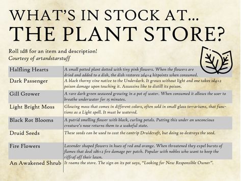 by artandstarstuff. Dnd Store Inventory, Dnd Shop Inventory, Dm Tools, Dnd Dm, Plant Store, Dnd Stories, Dnd Items, Dungeon Master's Guide, Dungeons And Dragons 5e