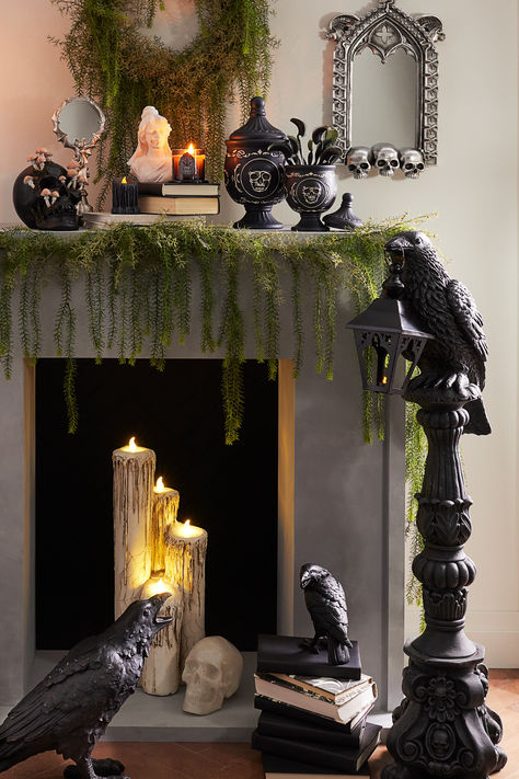 southern gothic, southern gothic aesthetic, crow lamp, Halloween aesthetic, Halloween decor Moss Garland, Moss Wreaths, Southern Gothic Aesthetic, Moss Wreath, Spooky Halloween Decorations, Southern Gothic, Halloween Scene, Wreaths And Garlands, Outdoor Patio Lights