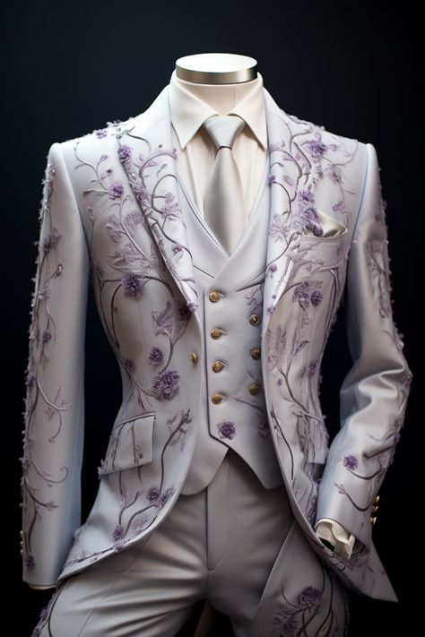 Lavender flower inspired suit Lavender Wedding Suit, Rapunzel Prom, Outfit Tour, Merry Gentry, Link Costume, Dance Partner, Prince Clothes, Wedding Tux, Function Dresses