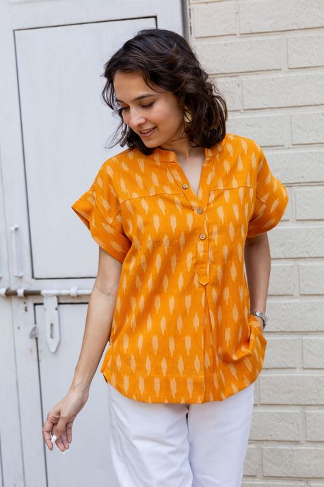 Ikkat Shirt For Women, Ikkat Tops, Short Tops For Jeans, Ikkat Design, Ikkat Print, Cotton Short Tops, Trendy Kurti, Ikkat Dresses, Indian Kurti