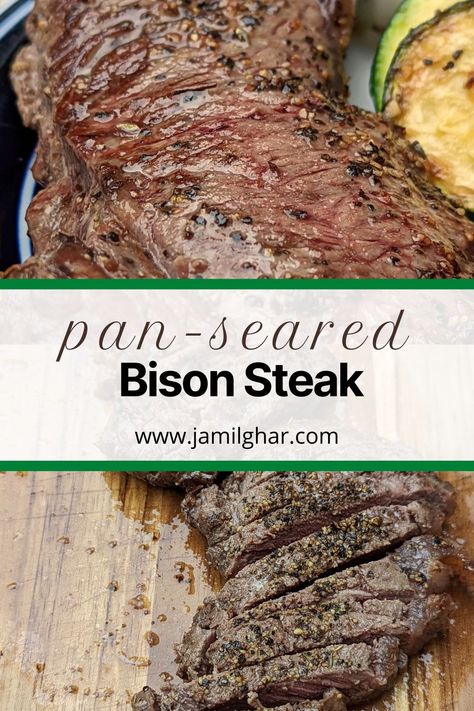 Our pan-seared bison steak recipe yields flavorful, juicy, and tender strips; our steaks quick-sear in butter before finishing in the oven. Bison Sirloin Steak Recipe, Bison Steak Recipes, Bison Steak, Sirloin Steak Recipes, Bison Recipes, Strip Steak Recipe, Skillet Steak, Steak In Oven, Chopped Steak