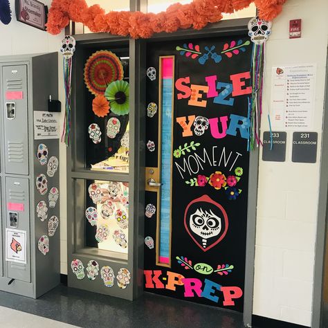 My Coco themed classroom door for state testing motivation. Love the way it turned out! Coco Themed Classroom Door, Coco Halloween Door Decorations, Coco Themed Bulletin Board, Coco Movie Theme Classroom, Coco Theme Door Decoration, Coco Themed Decorations, Coco Themed Halloween Decorations, Coco Classroom Theme, Coco Door Decoration