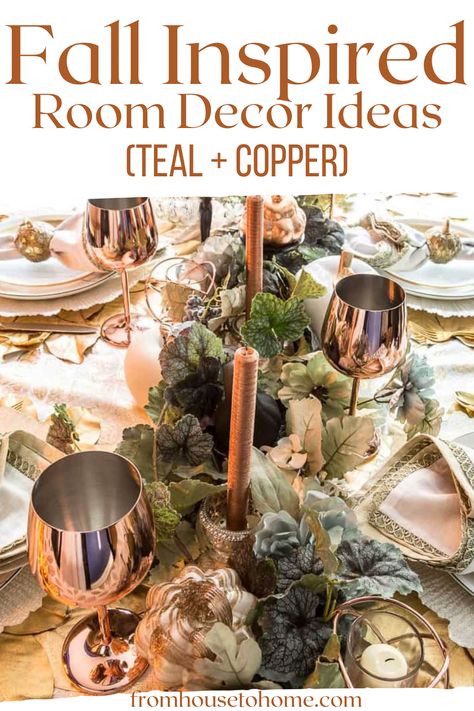 I love this teal and copper fall home tour. I got so much inspiration for my autumn decorating and it doesn't use orange! #fromhousetohome #fallroomdecor #falldecorating #fallhomedecor #seasonaldecor #falldecoratingideas Copper Fall Decor, Fall Room Decor Ideas, Traditional Fall Decor, Teal And Copper, Copper Fall, Fall Room, Fall Room Decor, Sewing Room Storage, Decor 2023