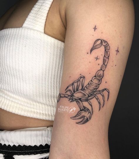 Scorpio Tattoo Arm, Scorpion Tattoo Design Feminine, Scorpion Tattoo Feminine, Ma Tattoo, Minimalist Tattoo Ideas, Becoming A Tattoo Artist, Tattoo Shading, Scorpio Tattoo, Snake Tattoo Design