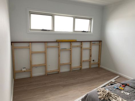 Nib wall bedhead with VJ panels | Bunnings Workshop community Bedhead Wall Ideas, Wall Across From Bed, Vj Headboard, Bedroom Nib Wall, Vj Wall Bedroom, Built In Bedhead Ideas, Bedhead Wall, Bedroom With Ledge Wall, Vj Feature Wall Bedroom