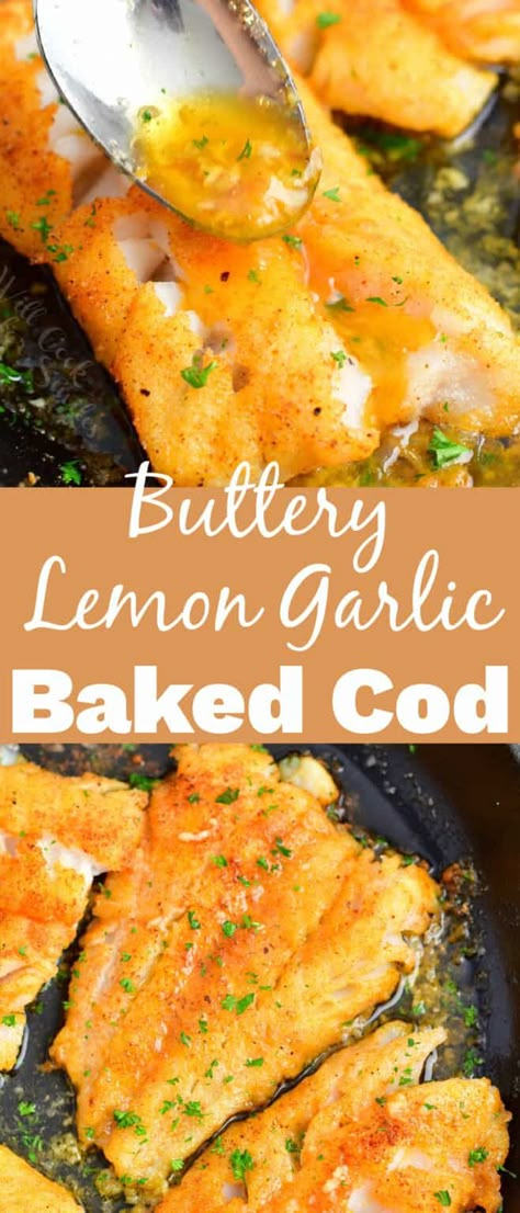 This is a delicious buttery Baked Cod recipe that has a simple and delicious seasoning combination along with savory garlic and fresh lemon flavors. This cod is lightly coated with seasoned flour, seared until golden, and finished off in the oven until perfectly cooked and juicy. This cooking method makes it a little crispy on the outside, and wonderfully juicy and tender on the inside. Cod Fish Recipes Baked, Cod Recipes Healthy, Cod Fillet Recipes, Garlic Baked, Baked Cod Recipes, Cod Fish Recipes, Fish Recipes Baked, Cod Recipe, Fish Dinner Recipes