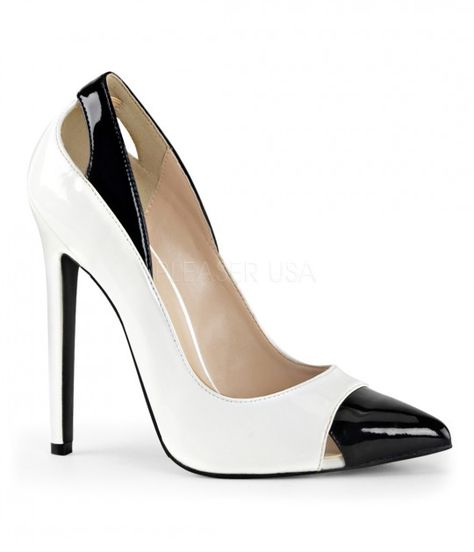 White Shoes Heels, White High Heel Shoes, Black And White Pumps, Spectator Shoes, Black Patent Heels, Heels White, White High Heels, Pleaser Shoes, Jimmy Choo Heels