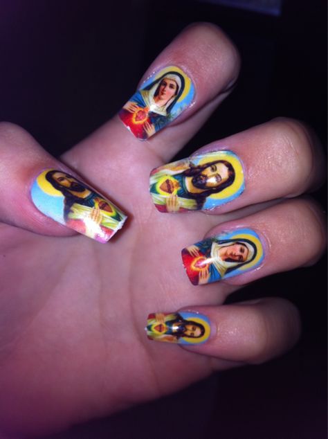 Jesus nails Saints And Sinners, Nail Envy, Mary And Jesus, Manicure Y Pedicure, Heart Nails, Sacred Heart, Makeup Nails, Kitsch, Cute Nails