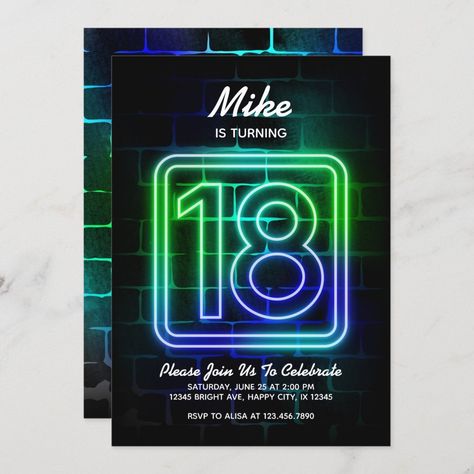 Neon Birthday invitation for Boy 18th Birthday #Invitation #card #template #design #pinterestquotes #pinterestideas #pinterestmom #pinterestwedding #aesthetic #love #art #pinterestsuccess Boys 8th Birthday, 10th Birthday Invitation, Boy 16th Birthday, Third Birthday Invitations, 13th Birthday Invitations, Neon Birthday, 16th Birthday Invitations, 19th Birthday, Boy Birthday Invitations