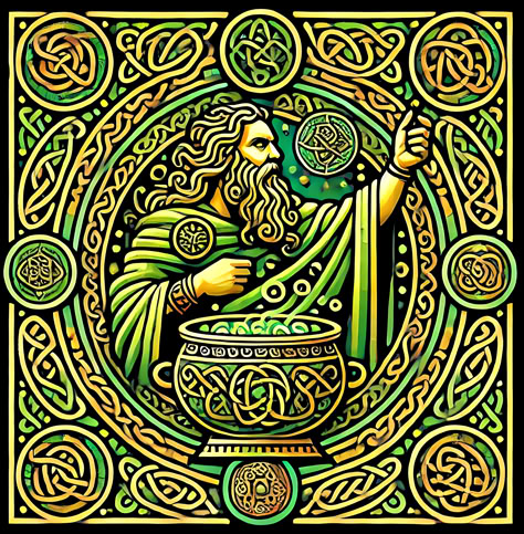 The Dagda: Celtic god of abundance and magic, celebrated on posters and t-shirts with intricate Celtic knotwork and symbols. Dagda Celtic God Art, Dagda Celtic God, The Dagda, Celtic Paganism, Celtic Artwork, Celtic Legends, Male Witch, Celtic Gods, Coloring Techniques