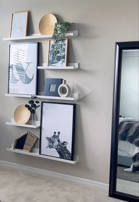 Ikea Ledge Shelf Ideas, Picture Shelves Wall Photo Ledge, Picture Ledge Bedroom, Photo Ledge Display, Bedroom Decor Grey Pink, Picture Shelf Wall, Picture Display Wall, Ikea Picture Ledge, Make Your Home Look Expensive