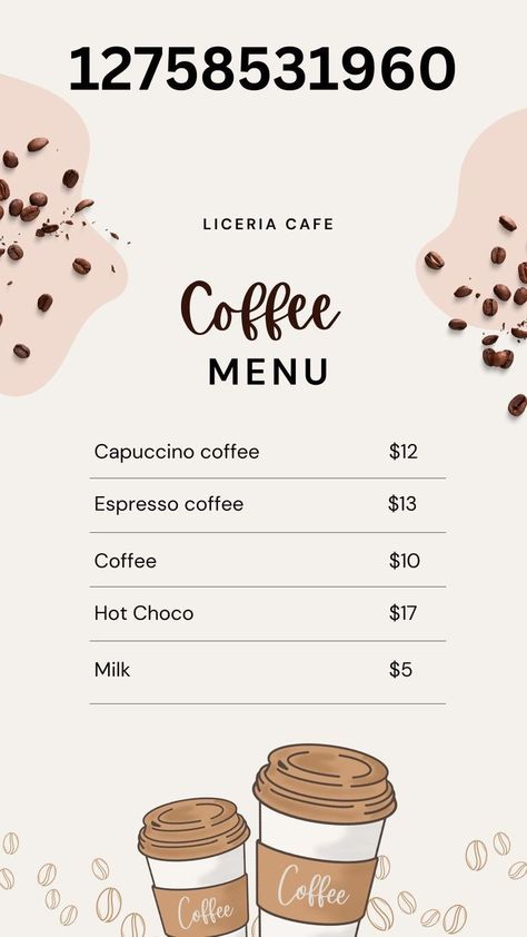 Coffee Menu Bloxburg Codes, Caffe Ideas Bloxburg, Bloxburg Building Ideas Cafe, Roblox Coffee Shop Decals, Bloxburg Sweet Shop, Bloxburg Coffee Shop Menu Decals, Bloxburg Resturaunt Ideas, Bloxburg Ice Cream Shop Decals Codes, Bloxburg Ice Cream Stand