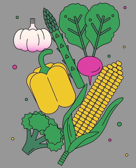 Sam Twardy uses flat, simple vector illustrations to satisfy the messy, unorganised nature of her mind Korean Place, Vegetable Illustration, Food Cartoon, Creative Jobs, A Fashion Designer, Design Board, Food Illustration, Random Art, Food Drawing