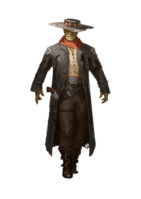 orcs | Ashe Armstrong Half Orc Cowboy, Half Orc Gunslinger, Orc Gunslinger, Orc Cowboy, Augustus Sinclair, Dark Western, Fantasy Western, Dnd Campaign, Pathfinder Character