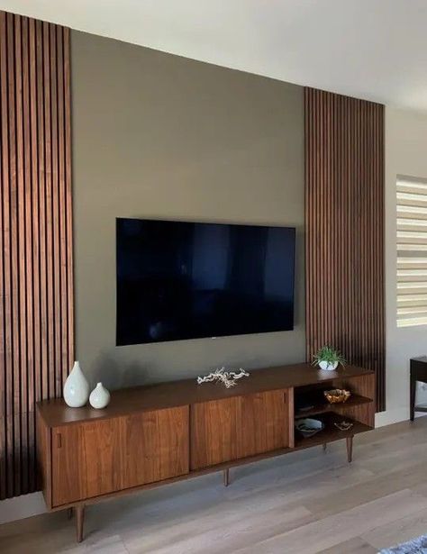 Acoustic Slat Wood Wall Panels, Slat Wall Panel, Wood Wall Paneling, Painted Living Room Furniture, Feature Wall Living Room, Minimalist Living Room Design, Wood Wall Panels, Diy House Renovations, Aesthetic Living Room