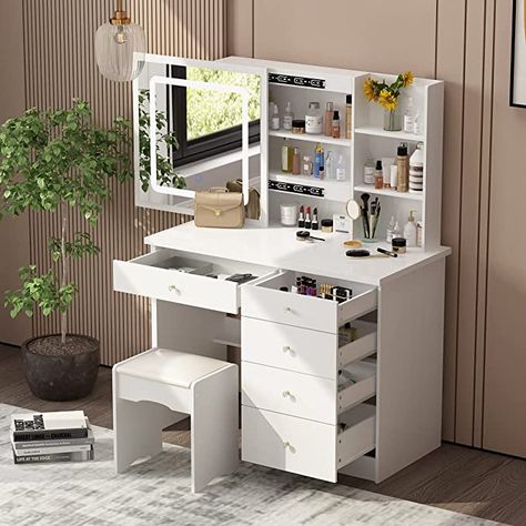 Bedroom Vanity Set, White Makeup Vanity, Corner Vanity, Makeup Vanities, Hidden Shelf, Makeup Vanity Set, Sliding Mirror, Mirrored Vanity Desk, Vanity Drawers