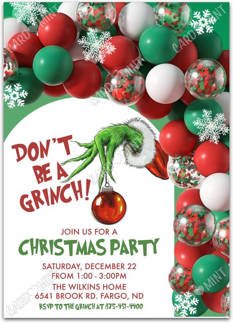 Quickly personalize. Includes matching thank you card.   Host a successful christmas party starting with this Christmas decorations green/red invite!   You can edit this product yourself, during and/or after purchase. Print or send as an Evite.  Image watermarks will be removed after purchase.  The dimensions are 5"x7". Grinch Christmas Eve Party, Ladies Night Christmas Party, Grinch Christmas Invitations, Office Christmas Party Ideas Decoration, Grinch Xmas Party, Christmas Potluck Invitation, Grinch Christmas Party Invitations, Christmas Party Themes For Adults Ideas, Grinch Theme Christmas Party