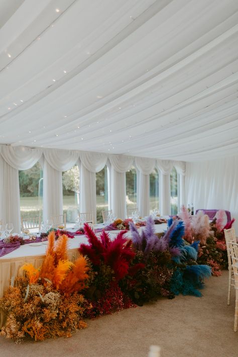 Colourful Pampas Grass Wedding Decor for Marquee Wedding Coloured Pampas Grass Decor, Colourful Pampas Grass Decor, Pampas Grass And Disco Balls, Colored Pampas Grass Decor, Colorful Pampas Grass Decor, Pink Pampas Grass Wedding, Bright Wedding Decor, Wedding Flowers Pampas, Colored Pampas