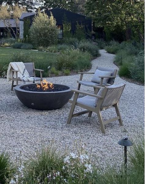 Gravel Fire Pit Area Off Patio, Fire Pit Flooring Ideas, Crushed Gravel Fire Pit Area, English Garden Fire Pit, Fire Pit Gravel Area, Country Fire Pit, Courtyard Fire Pit, Gravel Seating Area, Small Fire Pit Area