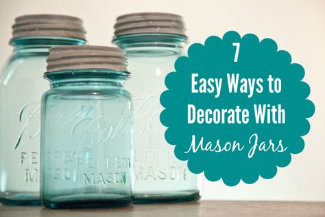 I have a love affair with mason jars -- vintage ones and new ones and blue ones and clean ones. Can't get enough of them. Here are 7 easy ways I use to decorate with mason jars in our home, the Blue Cottage. They come in handy for so many uses: decor and storage and organization. Jar Decorating Ideas, Jar Magic, Jar Decorations, Jar Projects, Mason Jar Projects, Vintage Mason Jars, Blue Mason Jars, Jar Ideas, Jar Decor