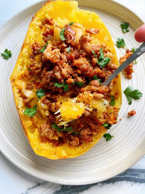 Healthy Low Carb Fall Recipes, Autumn Elle Nutrition Recipes, High Protein Fall Meals, Autumn Bates Recipes, Sausage Spaghetti Squash, Autumn Bates, Pumpkin Sausage Pasta, Best High Protein Foods, Recipes Autumn