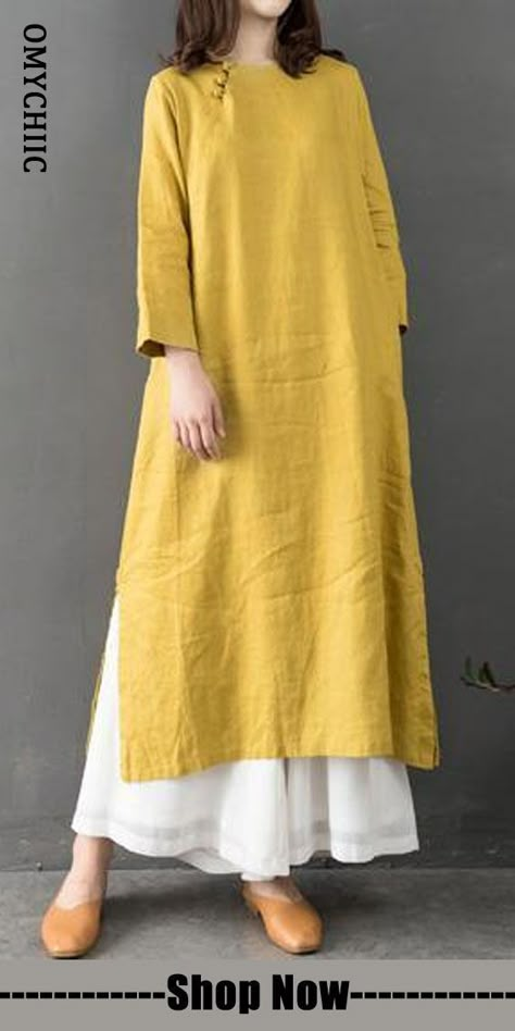 Elegant O Neck Linen Clothes Fabrics Yellow Dress Funny Dresses, Mode Kimono, Salwar Kamiz, Hijab Styles, Linen Fashion, Linnet, Kurta Designs, Indian Designer Wear, Linen Dresses