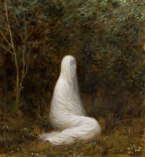 Ghost in the Field. Art by Aron Wiesenfeld #ghost Aron Wiesenfeld, The Grove, In The Woods, A Woman, White Dress, Trees, White, Art