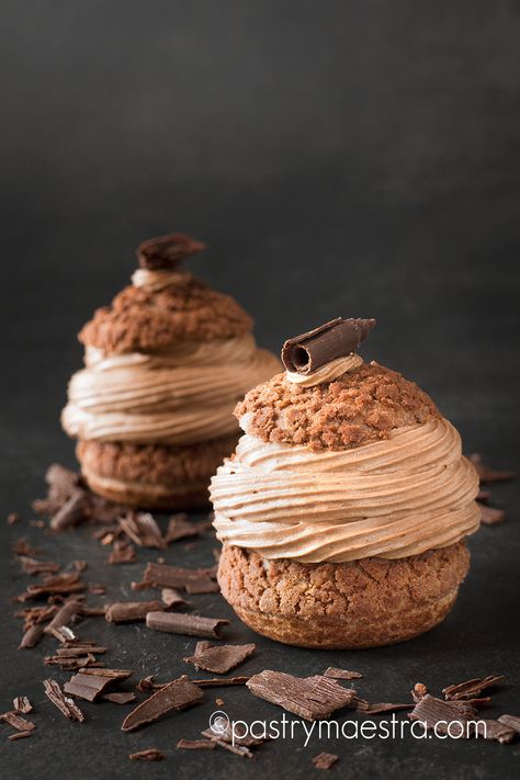 Chouxnuts Recipe, Fancy Cream Puffs, Chocolate Cream Puffs Recipe, Cream Puffs With Craquelin, Choux Photography Styling, Cream Puff With Craquelin, Chocolate Choux Pastry, Christmas Cream Puffs, Cream Puffs Recipe Choux Pastry