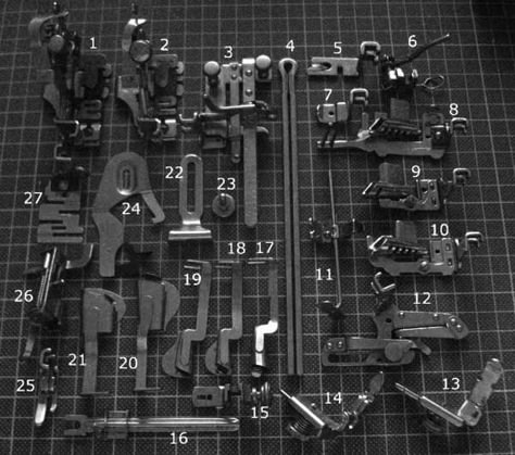 1: Four-position Ruffler (Simanco 86642) 2: Two-position Ruffler (Simanco 120290) 3: Tuck Marker (Simanco 36583) 4: Stoppax Hemstitching Fork 5: Rolled Hemmer (Simanco 35857) 6: Hopping Foot (Siman... Vintage Singer Sewing Machine, Featherweight Sewing Machine, Sewing Machine Repair, Vintage Sewing Notions, Sewing Machine Reviews, Vintage Singer, Sewing Machine Feet, Old Sewing Machines, Antique Sewing Machines