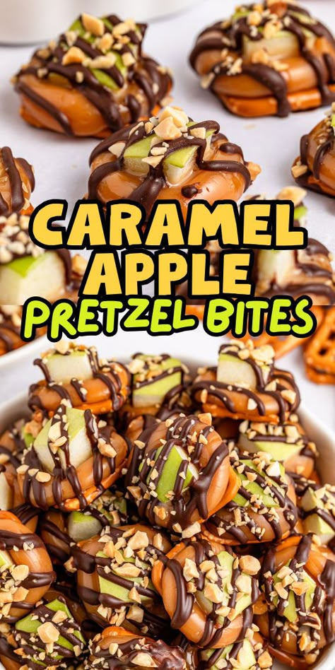 Pretzel treats with apple and caramel Apple Carmel Pretzel Bites, Chocolate Pretzel Bites, Fall Treats For Coworkers, Holiday Bake Sale Ideas, Rolo Pretzel Bites, Copycat Dessert Recipes, Halloween Date Ideas, Movie Night Snack Ideas, Apple Pretzels