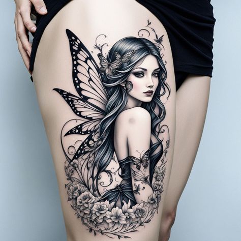 Graceful Black Ink Fairy Elegant fairy with detailed butterfly wings and flowing hair, surrounded by cleanly inked stars and flowers for a magical effect. 🖤🌟 #TattooDesign #FairyInk #BlackInkTattoo #ElegantArt #BlackInkDesign #SophisticatedArt #tattooinspirationworld #tattooartist #tattoodesign #tattooart #tattooideas #ink #inktattoo #handmade #custom #artoftheday #artofthebody #creative #instaart #instagood #picoftheday #instadailypost #stunning #beautiful #femininetattoo #inspiration... Fairy Butterfly Wings Tattoo, Fairy Tattoo Sleeve For Women, Fairy Portrait Tattoo, Pinup Fairy Tattoo, Flower Woman Tattoo, Butterfly Fairy Tattoo, Fairy Sleeve Tattoo, Line Work Tattoo Design, Gothic Fairy Tattoo