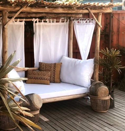 Pool Daybed, Outdoor Day Bed, Outside Curtains, Pool Bed, Bohemian Backyard, Garden Day Bed, Balinese Garden, Daybed Canopy, Diy Daybed