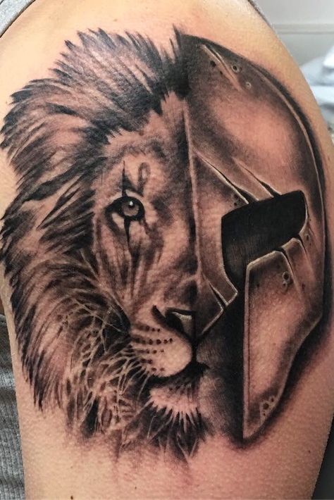 Tattoo uploaded by meagan bohrer | Black and grey realism lion and spartan helmet tattoo | 1143532 | Tattoodo Lion With Spartan Helmet Tattoo, Spartan Tattoos, Spartan Warrior Tattoo, Spartan Helmet Tattoo, Armor Of God Tattoo, Black And Grey Realism, Shield Tattoo, Gladiator Tattoo, Soldier Tattoo