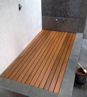 Teak Shower Floor, Bathtub Cover, Restroom Remodel, Wood Floor Bathroom, Teak Bathroom, Cedar Cladding, Teak Flooring, Bath Redo, Ipe Wood