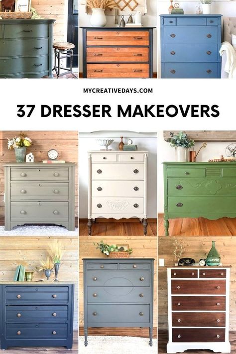 37 DIY dresser makeover ideas and tutorials. Click through for our collection of the best dresser makeover before and afters and tutorials in all styles, including rustic, farmhouse, cottage core, and minimalist painted and upcycled dresser makeover tutorials! Diy Dresser Makeover White, Nursery Dresser Diy, Dresser Makeover White, Diy Dresser Makeover Ideas, Paint Dresser Diy, Wood Dressers Makeover, Dresser Makeover Diy, Dresser Remodel, Dresser Makeover Ideas