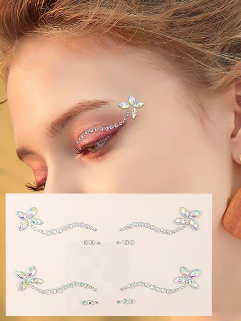 Face Stickers Makeup, Facial Gems, Rhinestone Face, Face Glitter, Silver Eye, Face Stickers, Pretty Makeup, Makeup Inspiration, Beauty Tools