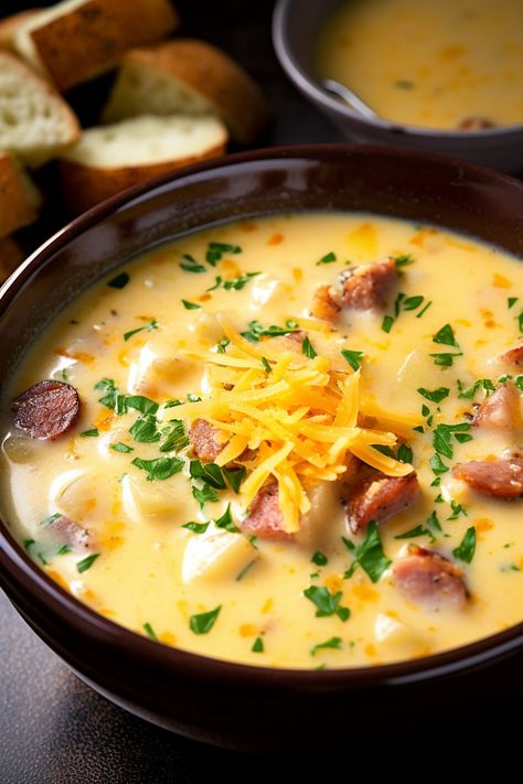 Cheesy Potato Kielbasa Soup, Potato Kielbasa Soup, Kielbasa Crockpot, Potato Kielbasa, Kielbasa Potatoes, Kielbasa Soup, How To Cook Kielbasa, Kielbasa And Potatoes, Soup Store