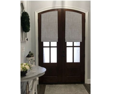 Roman Shades For Arched Windows, Roman Shades On Front Door, Roman Shade For Front Door, Roman Shades For French Doors, Window Treatments For Front Door, Shades For Front Door, Arch Front Door Exterior, Front Door Shades, Curtains Over Front Door