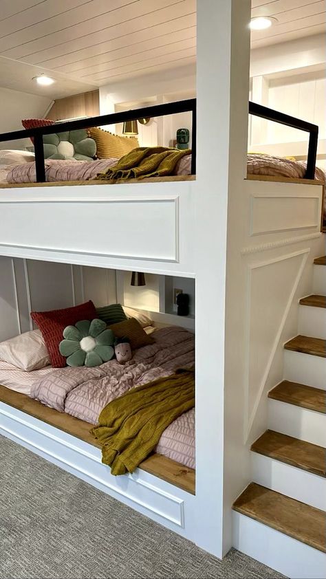 I wanted to create a built in bunk bed for my girls! This has always been a dream of mine and I am so happy to have been able to create this for them! Check out my instagram on how I was able to put it all together! Built In Bunk Beds With Trundle, Full Size Bunk Beds Diy Built Ins, Built In Loft Beds For Kids, Built In Bunk Beds With Stairs, Built In Bunk Beds In Wall, Girls Bunk Room, Built In Beds For Kids, Diy Built In Bunk Beds, Built In Bunk Beds Small Room