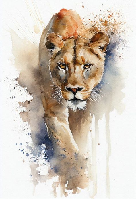 Watercolor Wildlife Paintings, Lion Painting Ideas, Big Watercolor Painting, Animal Art Work, Lioness Portrait, Watercolour Lion, Watercolour Wildlife, Wildlife Watercolor, Lion Watercolor