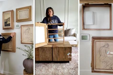 Woman shares 'genius' hack of hiding shelves behind framed pictures and people are loving it Picture Frame Cabinet, Hallway Gallery Wall, Hidden Cabinet, Diy Storage Shelves, Art Cabinet, Hidden Shelf, Framed Cabinet, Framed Pictures, Art Frames