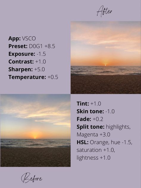 Sunset Settings Photography, Vsco Filter Sunset, Dreamy Preset, Sunset Edit, Sunset Preset, Sunset Filter, Photography Chair, Filter Presets, Dreamy Sunset